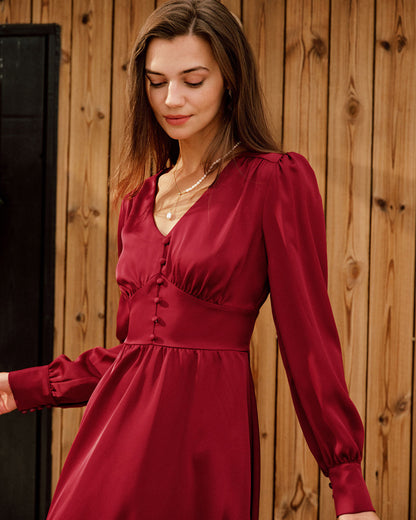Wine Red Satin V Neck Midi Dress