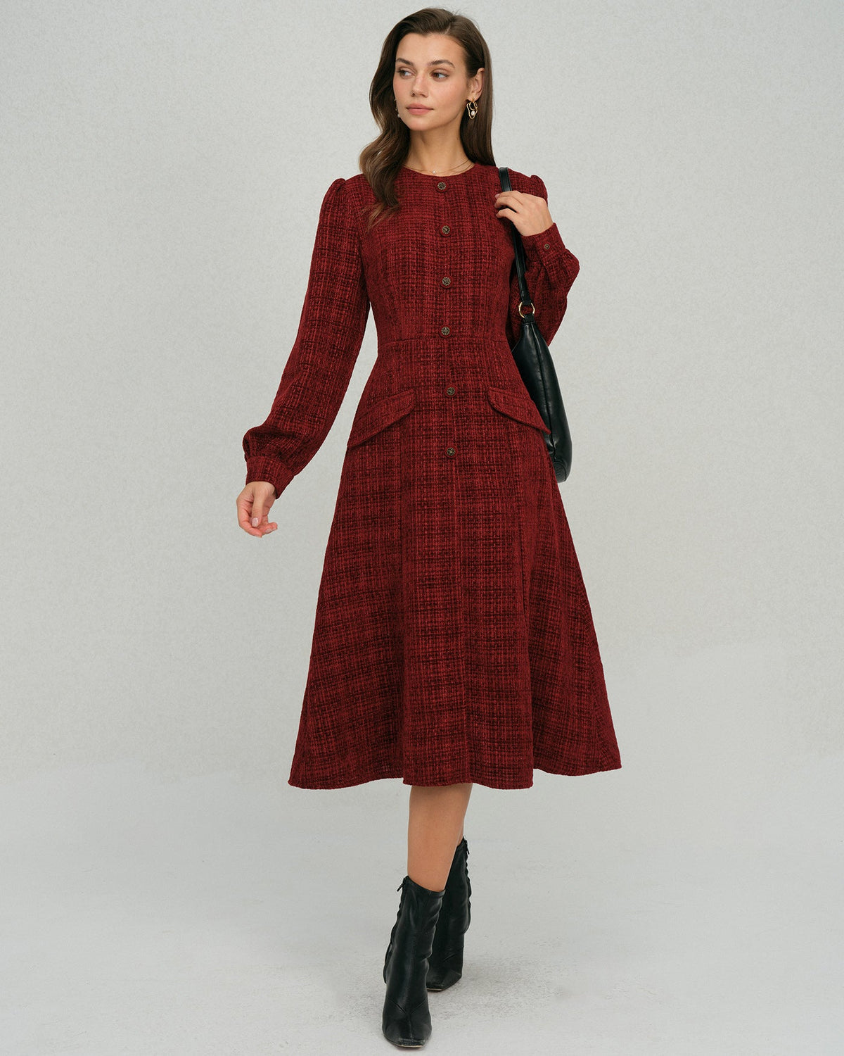 Red Lantern Sleeve A-Line Midi Dress