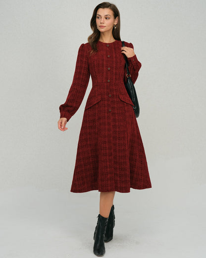 Red Lantern Sleeve A-Line Midi Dress