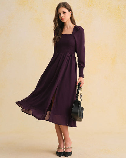 Purple Chiffon Shirred Lantern Sleeve Midi Dress