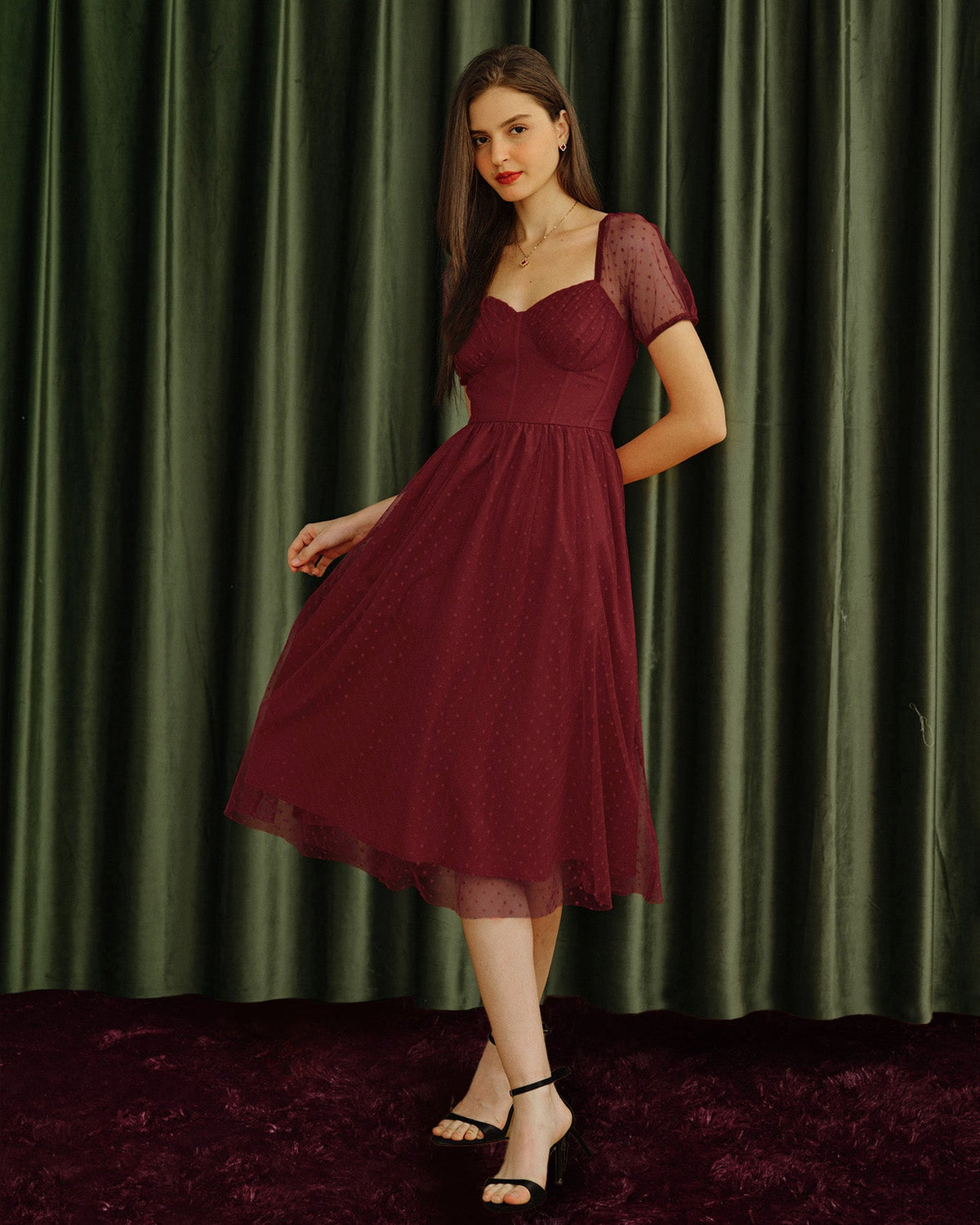 Red Sweetheart Neck Polka Dot Midi Dress