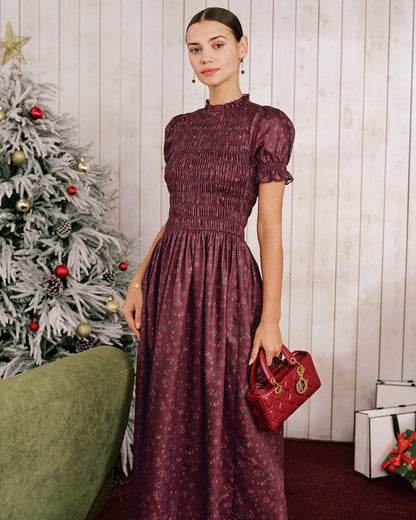 Wine Red Floral Shirred Puffed Sleeve Midi Dress