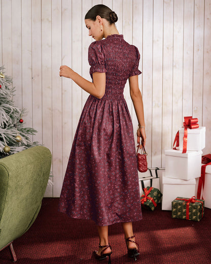 Wine Red Floral Shirred Puffed Sleeve Midi Dress