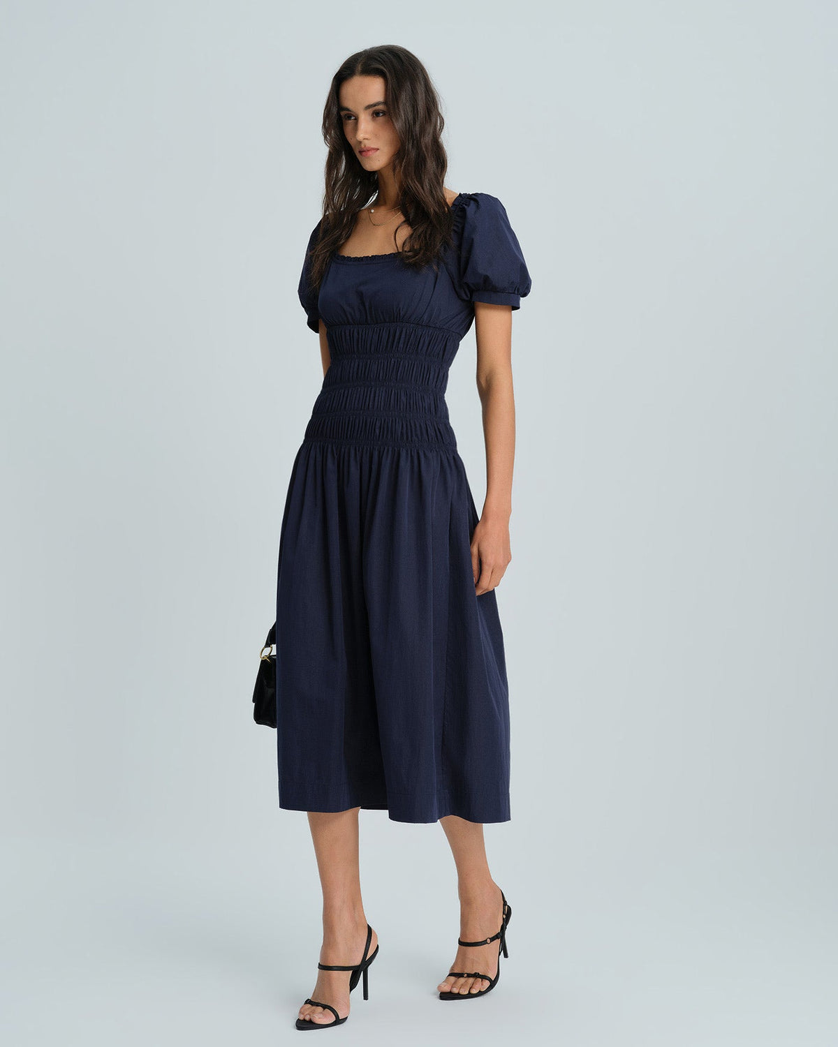 Blue Puffed Sleeve Shirred Midi Dress