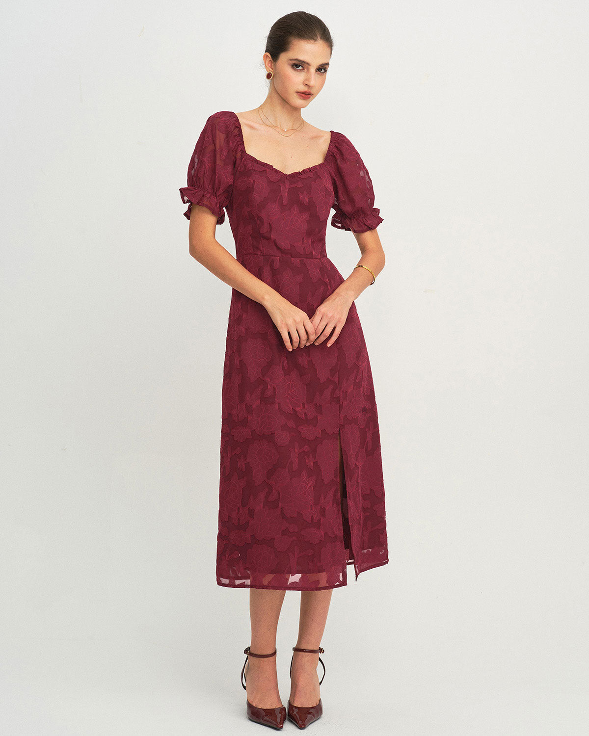 Wine Red Jacquard Slit Midi Dress