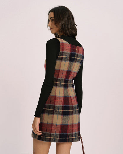 Red U Neck Plaid Mini Dress