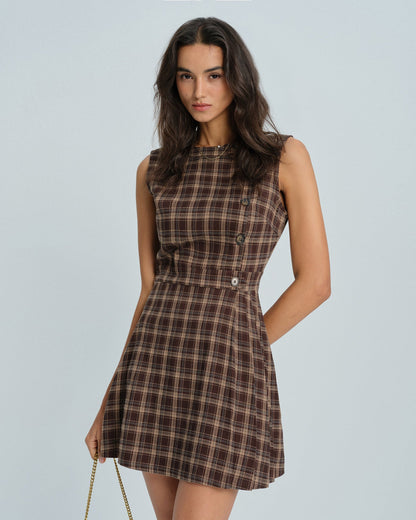 Brown Sleeveless Plaid Mini Dress