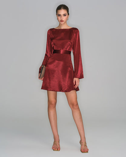 Wine Red Satin Bell Sleeve Mini Dress