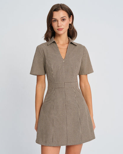 Brown Plaid Collar Mini Dress