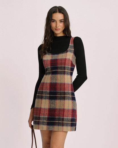 Red U Neck Plaid Mini Dress