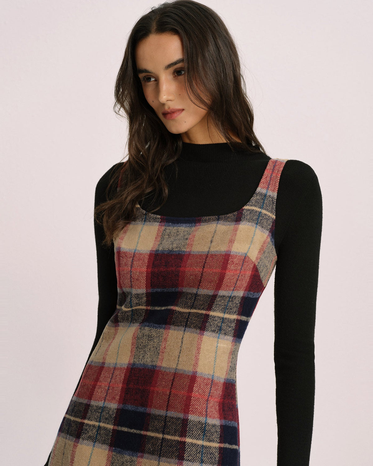 Red U Neck Plaid Mini Dress