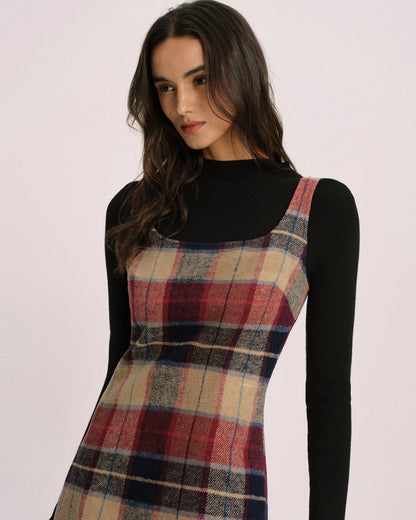 Red U Neck Plaid Mini Dress