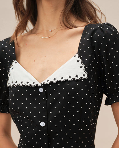 Black V Neck Polka Dot Mini Dress