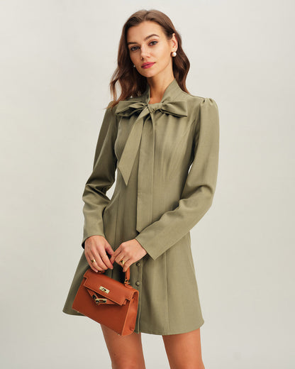 Green Tie Neck A-Line Mini Dress