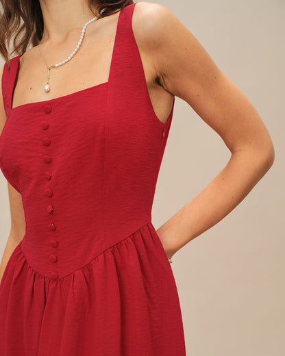 Red Square Neck Midi Dress