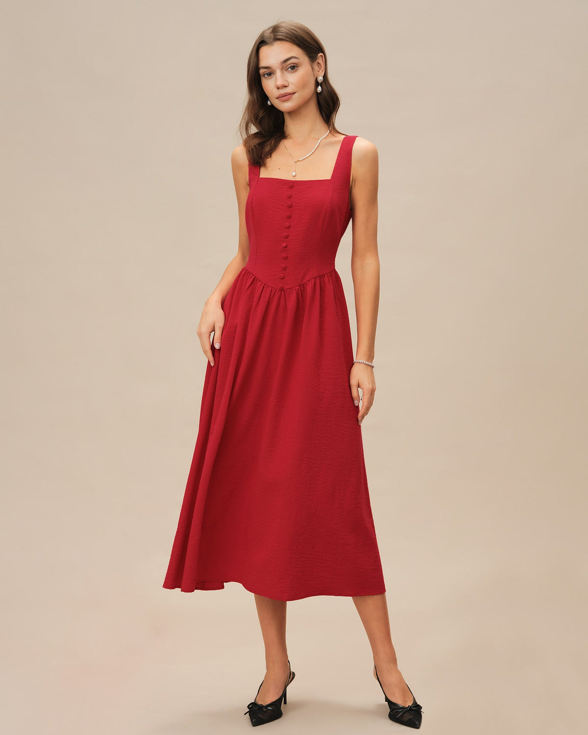 Red Square Neck Midi Dress