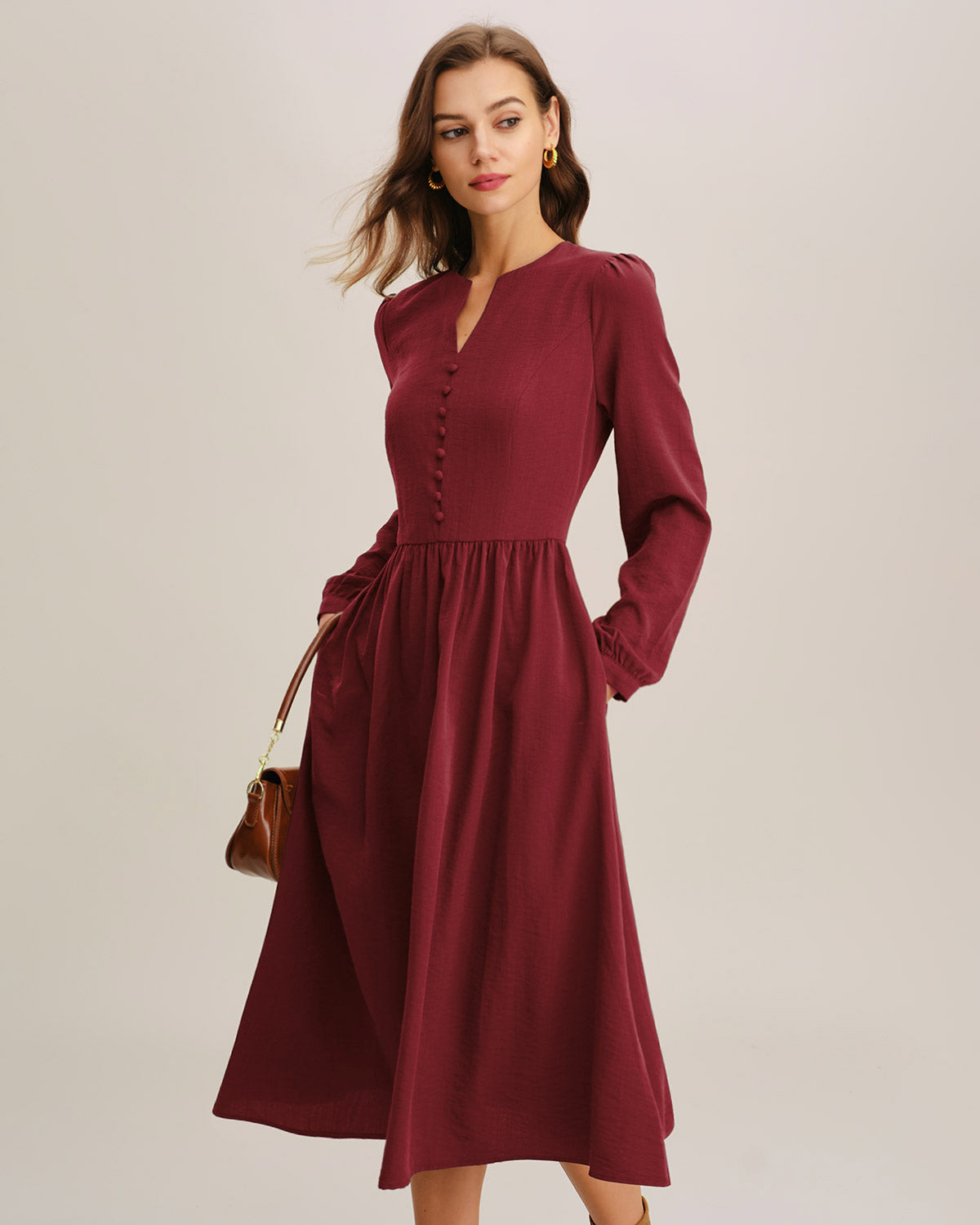 Red French Sleeve A-Line Midi Dress